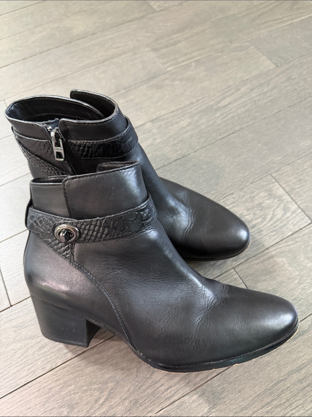 Coach Black Leather Ankle Booties with Textured Strap